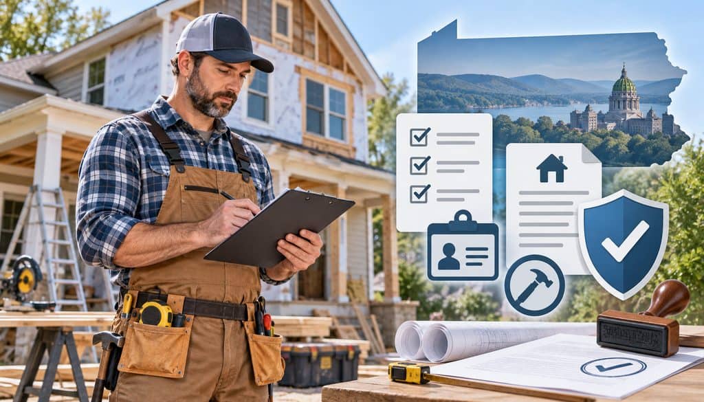 Pennsylvania home improvement contractor reviewing registration paperwork at a residential renovation site